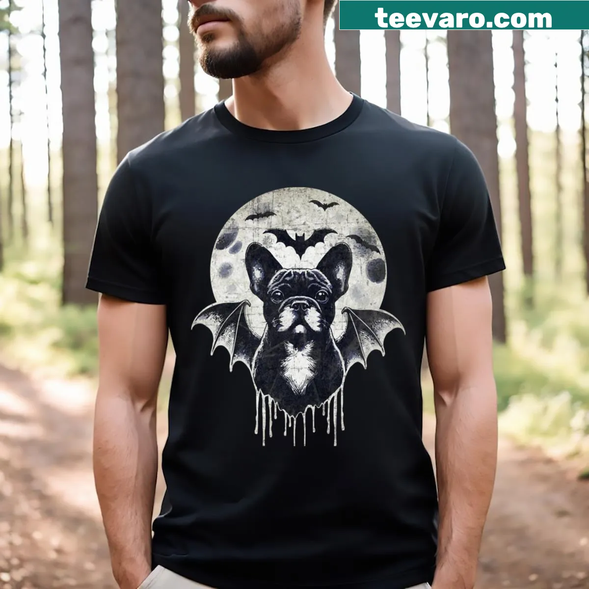 Distressed Halloween T-shirt with French bulldog and bats design — on a men's t-shirt