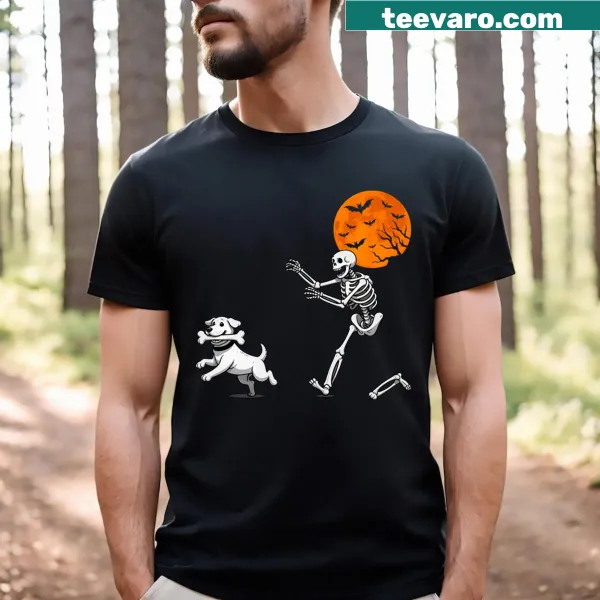 Cartoon of skeleton chasing dog on Halloween t-shirt