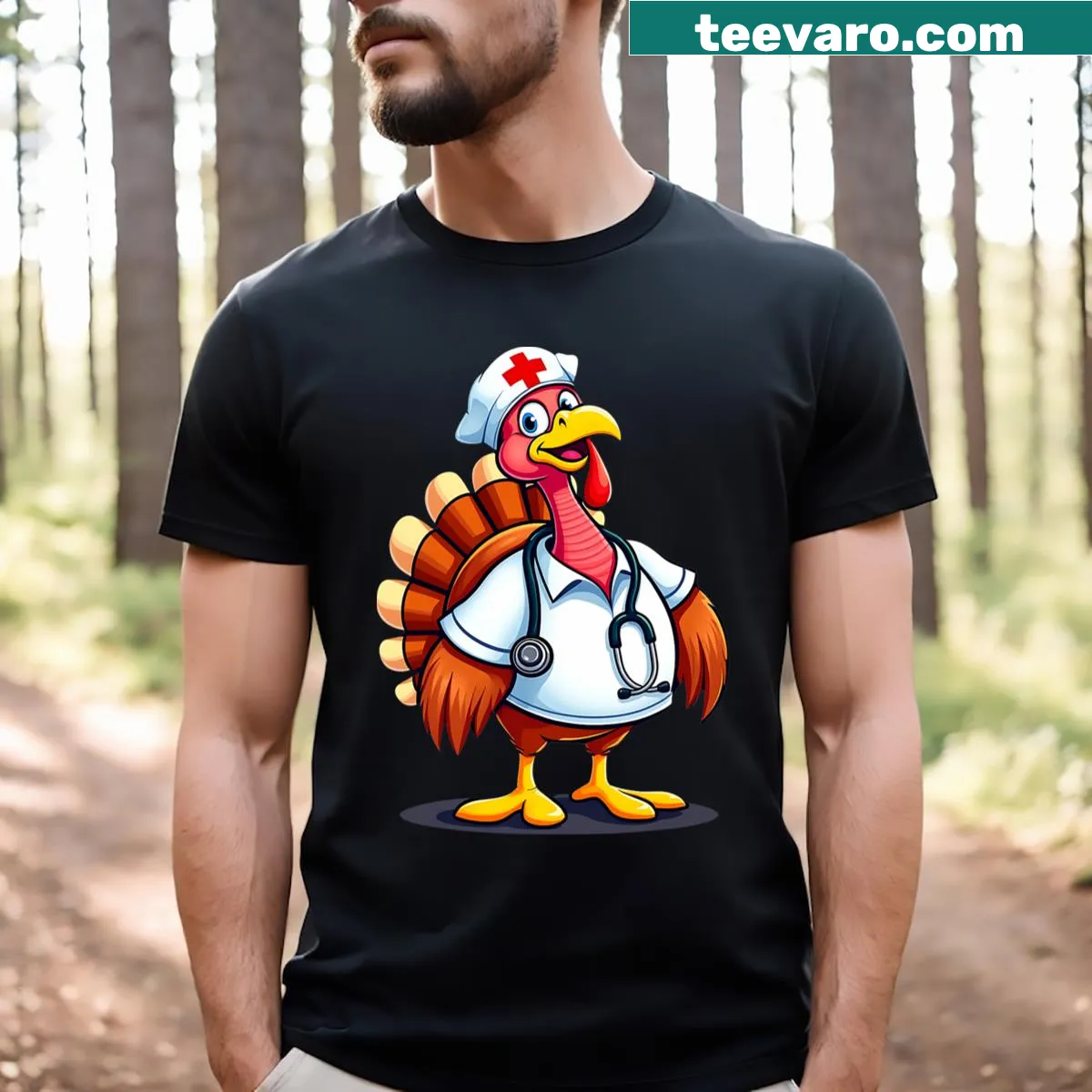 Cartoon turkey in nurse's cap with stethoscope for Thanksgiving — on a men's t-shirt