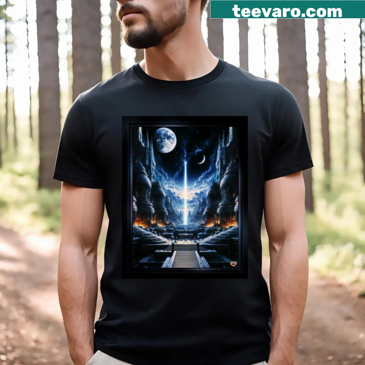 Futuristic gothic cityscape illustration on a t-shirt — on a men's t-shirt
