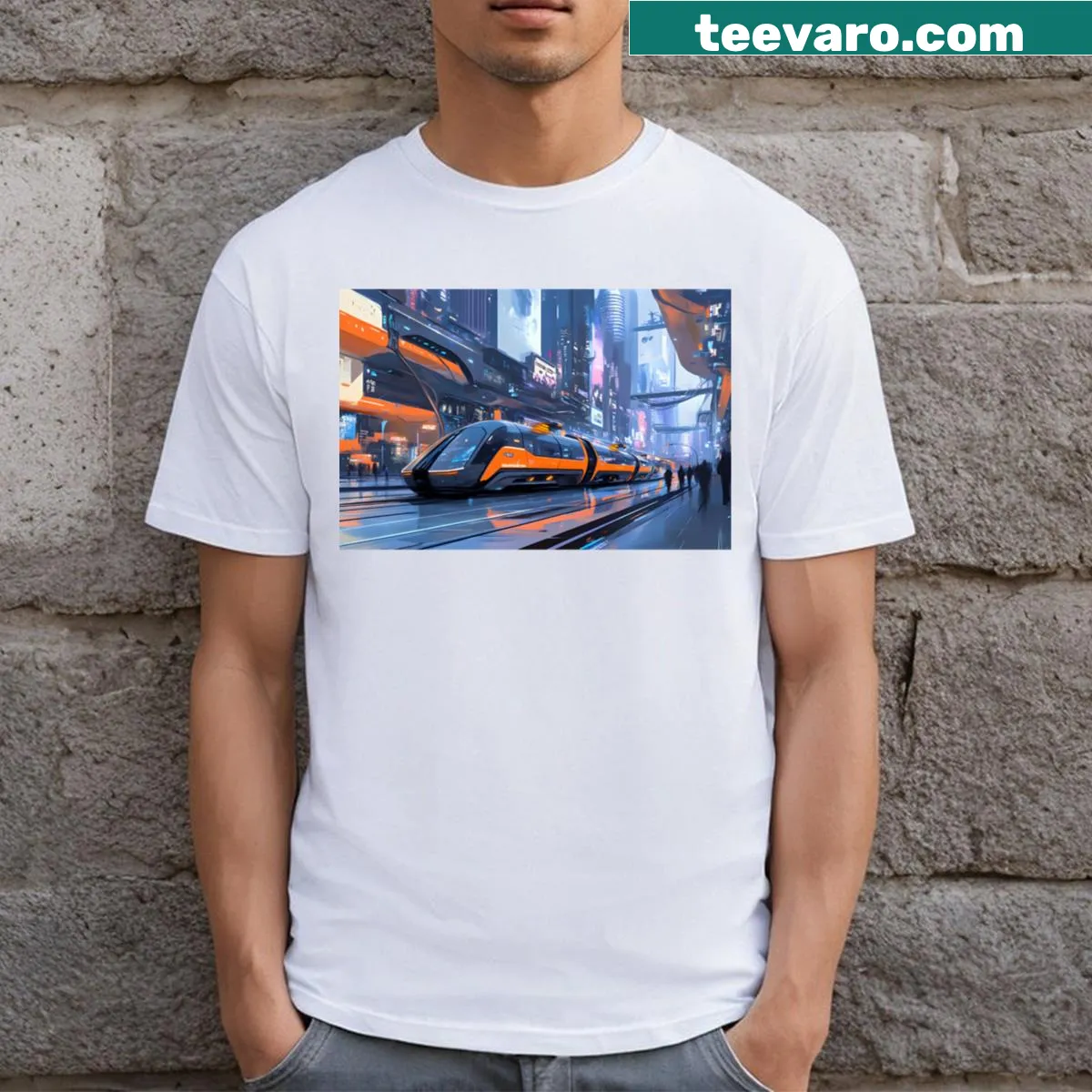 Playful graphic of futuristic urban exploration on a t-shirt — on a men's t-shirt