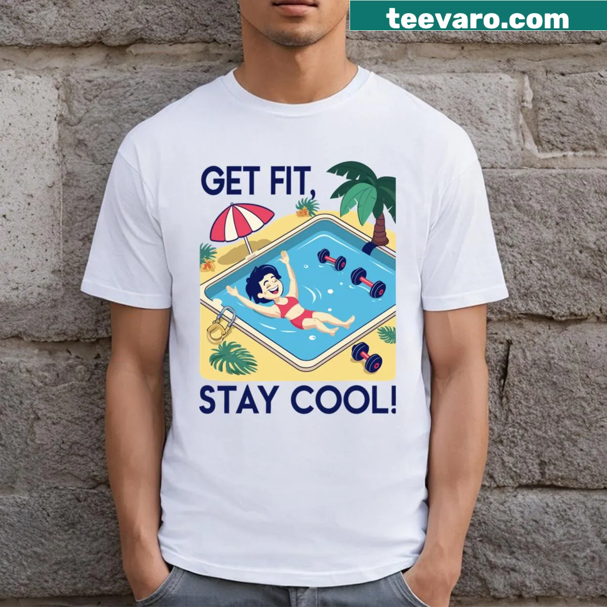 Motivational fitness t-shirt with aqua-themed workout design — on a men's t-shirt