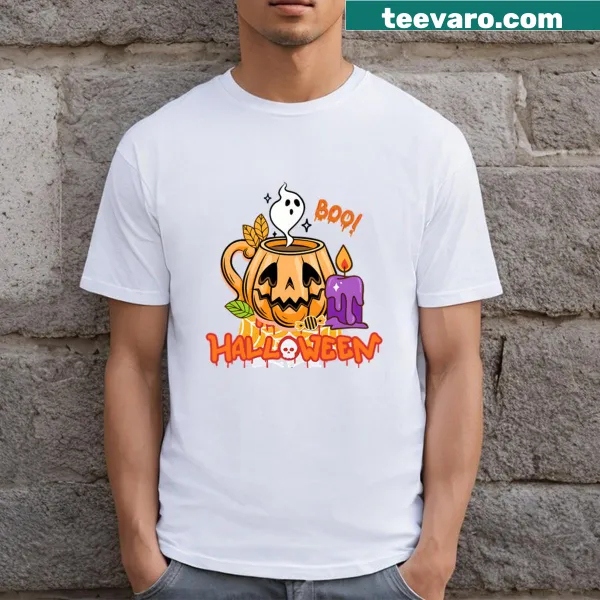 Halloween t-shirt featuring a playful ghost with 'Boo' text