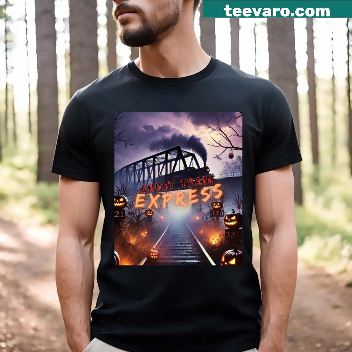 Realistic ghost train graphic for Halloween on a t-shirt — on a men's t-shirt