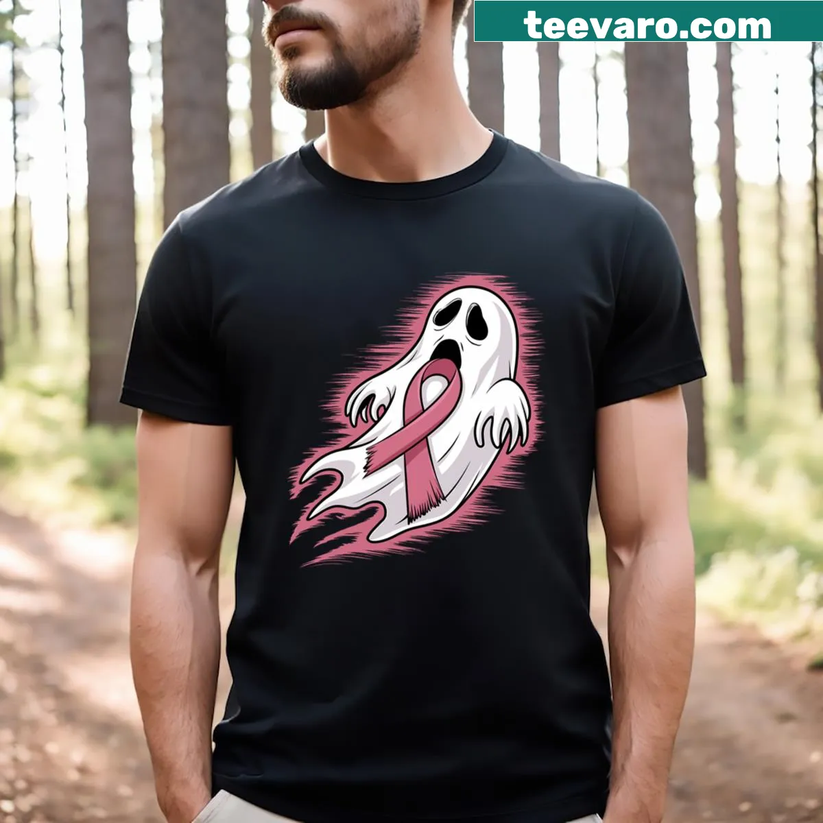 Halloween t-shirt featuring a ghost with a pink ribbon — on a men's t-shirt