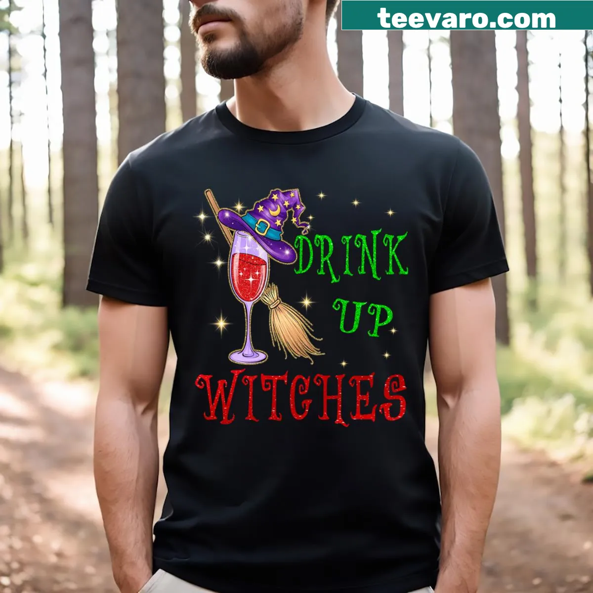 Funny wine glass graphic with 'Drink Up Witches!' text for Halloween — on a men's t-shirt