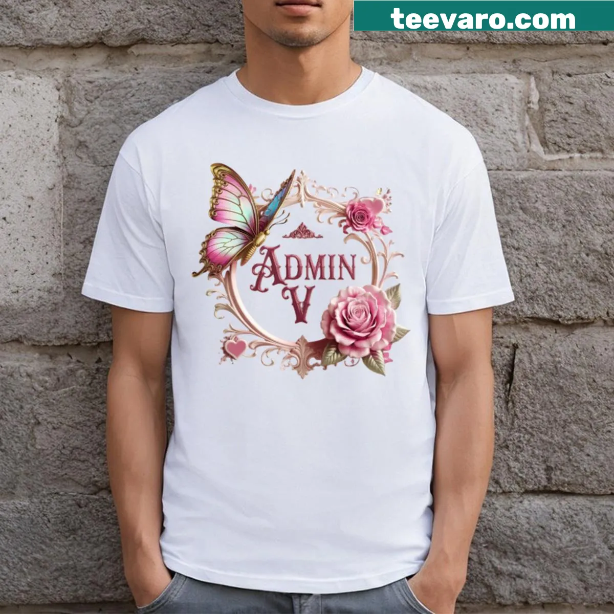Minimalist t-shirt featuring gold and magenta letters in a sleek design — on a men's t-shirt