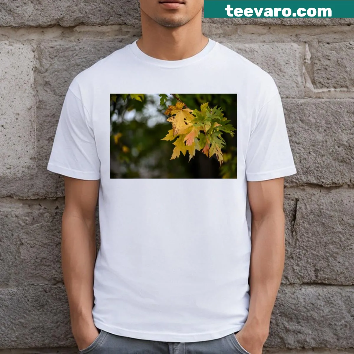 Charming fall design with golden leaves on a T-shirt — on a men's t-shirt