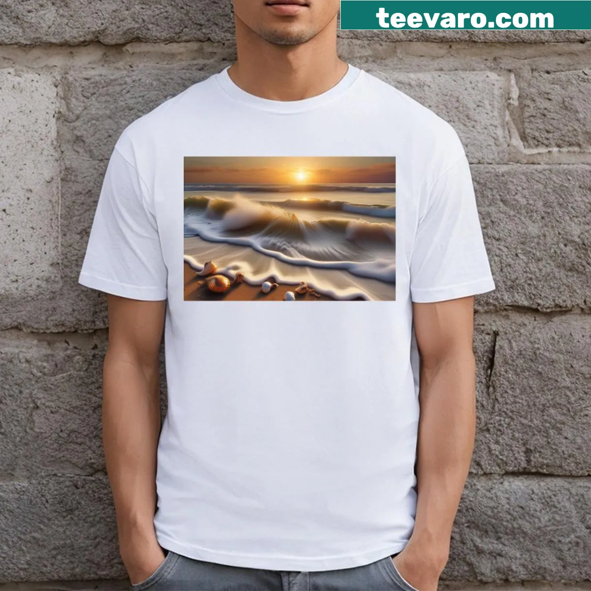 Serene illustration of ocean waves with golden sunlight on a T-shirt — on a men's t-shirt