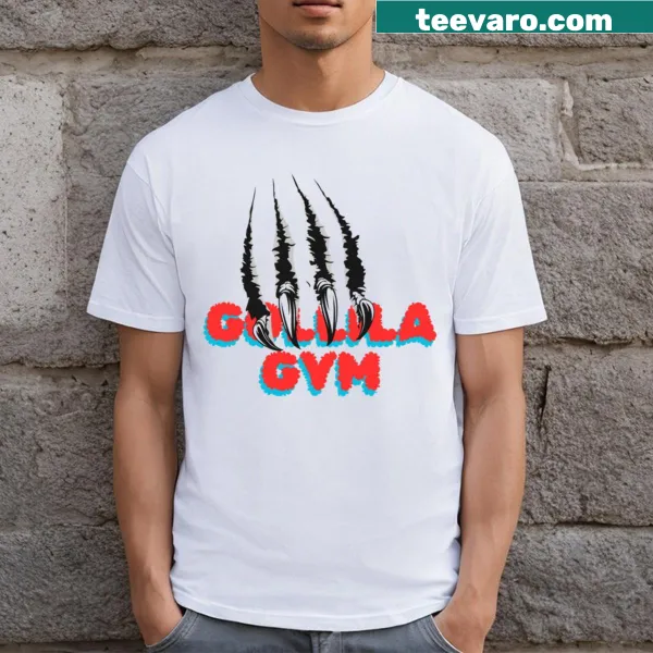 Illustrated gorilla graphic on a workout T-shirt