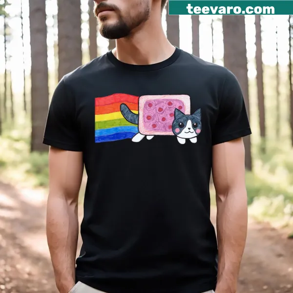 Playful cartoon illustration of a gray tabby Nyan Cat on a T-shirt