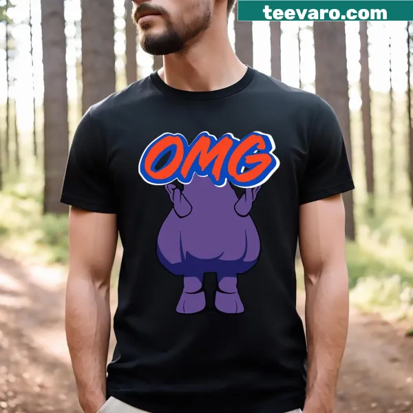 Graphic t-shirt featuring Grimace and the word 'Omg'