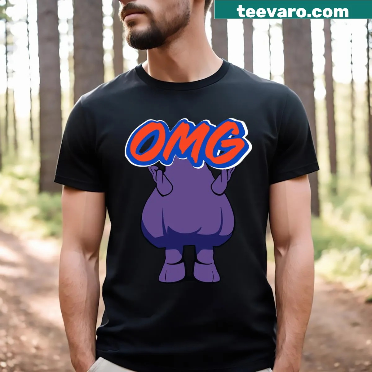 Graphic t-shirt featuring Grimace and the word 'Omg' — on a men's t-shirt