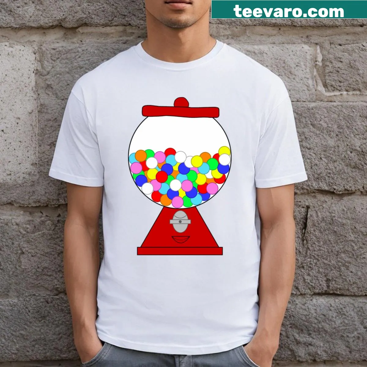 Illustrated t-shirt of a colorful gumball machine — on a men's t-shirt