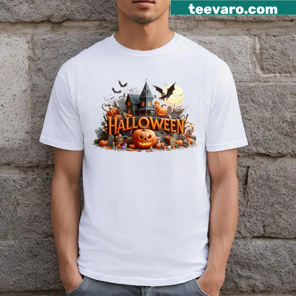Spooky Halloween-themed T-shirt with chilling graphic design. — on a men's t-shirt