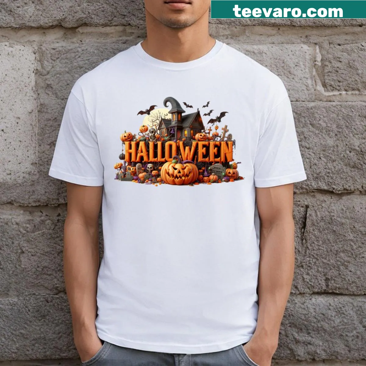 Eerie Halloween-themed T-shirt with haunting graphic design. — on a men's t-shirt