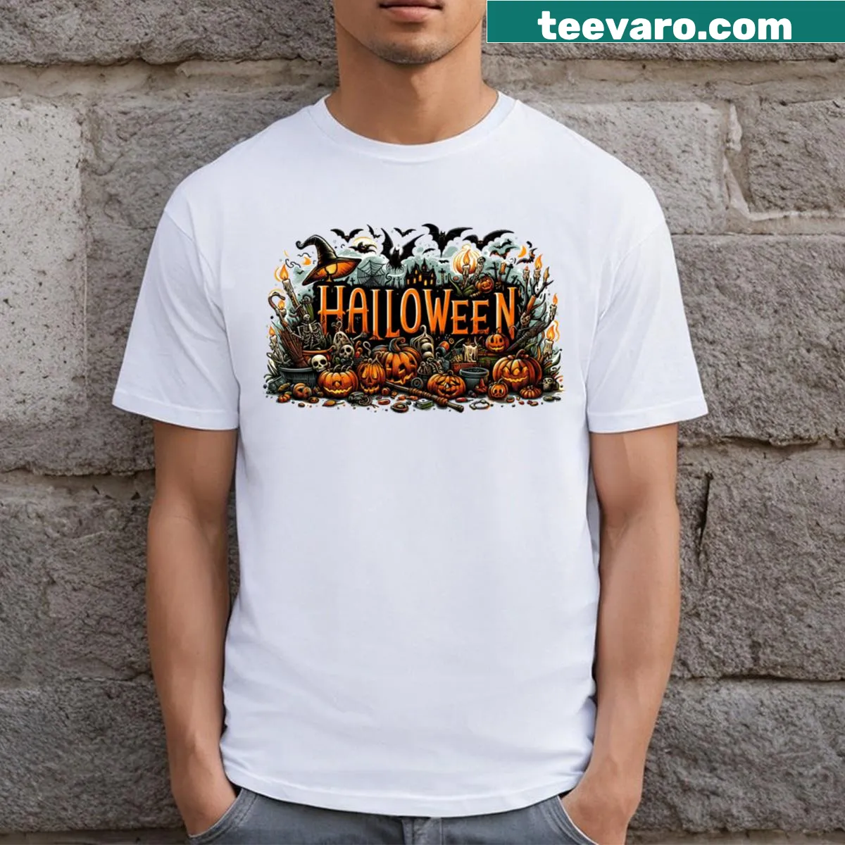 Thrilling Halloween-themed T-shirt with spooky graphic design. — on a men's t-shirt