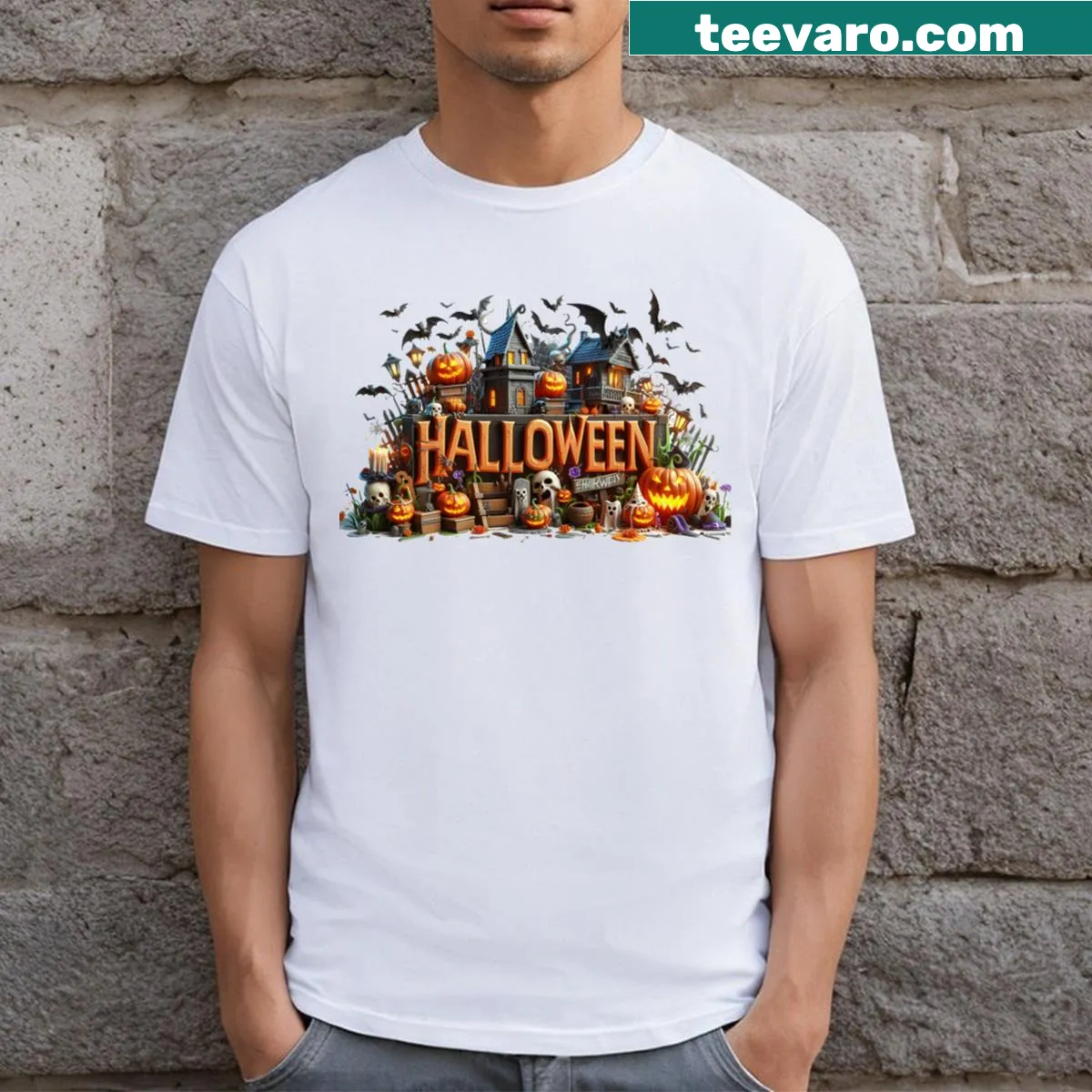 Whimsical vintage distressed Halloween 5 T-shirt with playful design — on a men's t-shirt