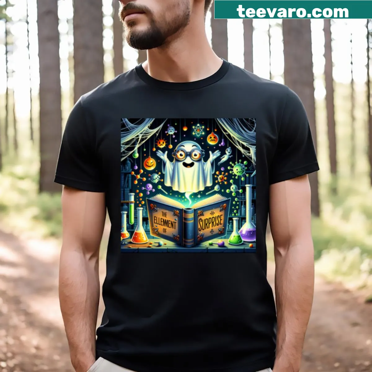 Typography design with Halloween chemistry theme on T-shirt — on a men's t-shirt