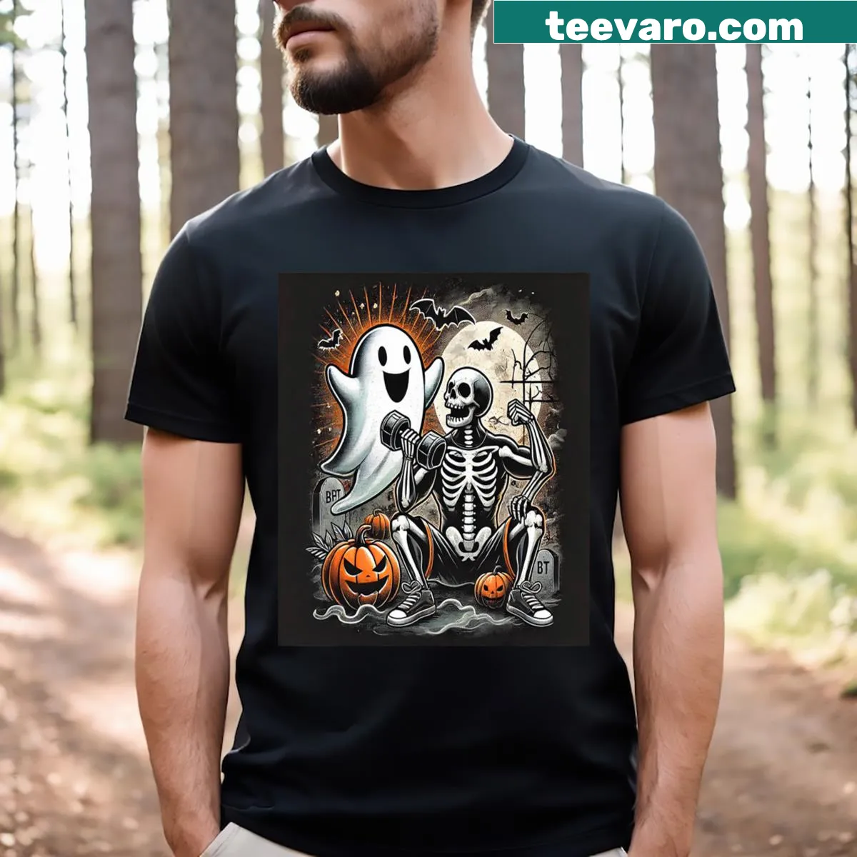 Halloween-themed fitness design on T-shirt for gym workouts — on a men's t-shirt