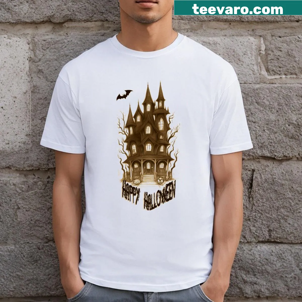 Vintage haunted house graphic on long Halloween T-shirt — on a men's t-shirt