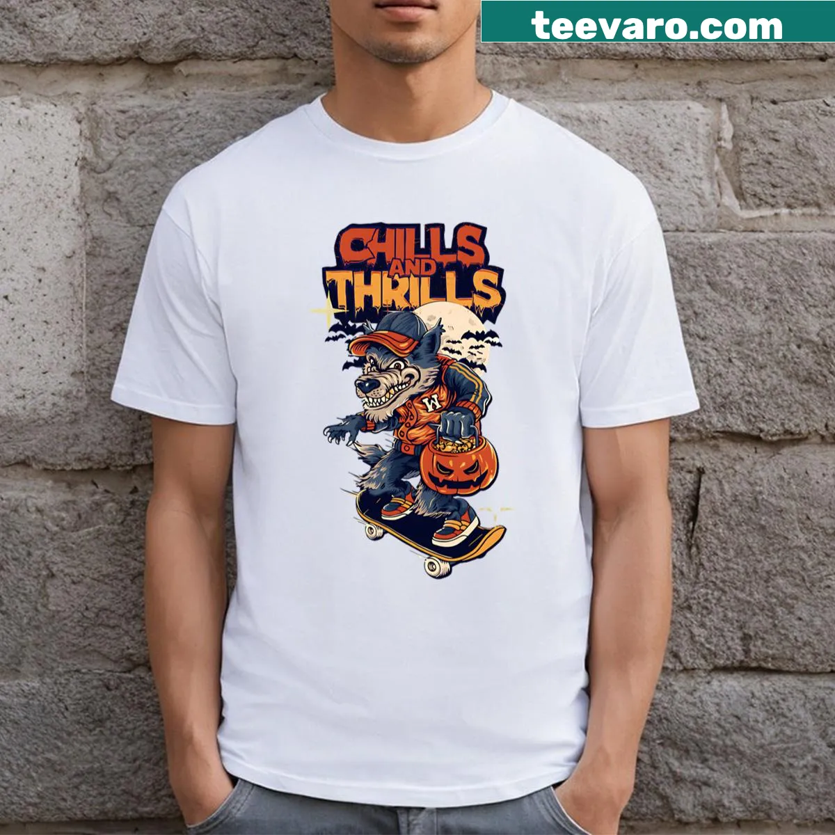 Cartoon-style Halloween characters on wheels graphic T-shirt — on a men's t-shirt