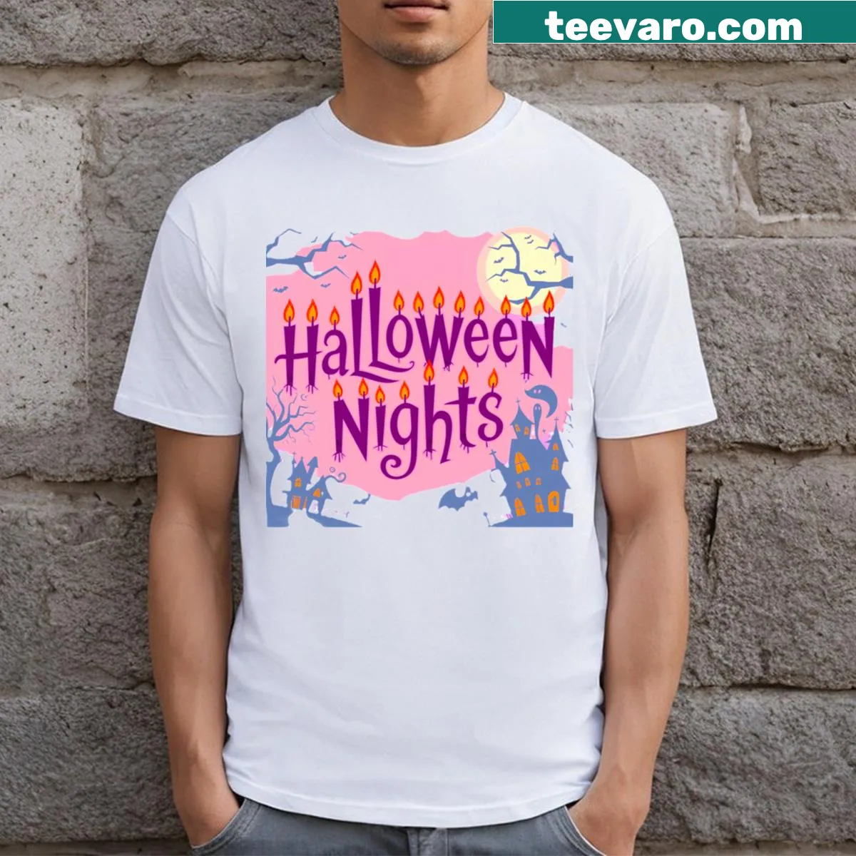 Bold typography design celebrating Halloween nights on T-shirt — on a men's t-shirt