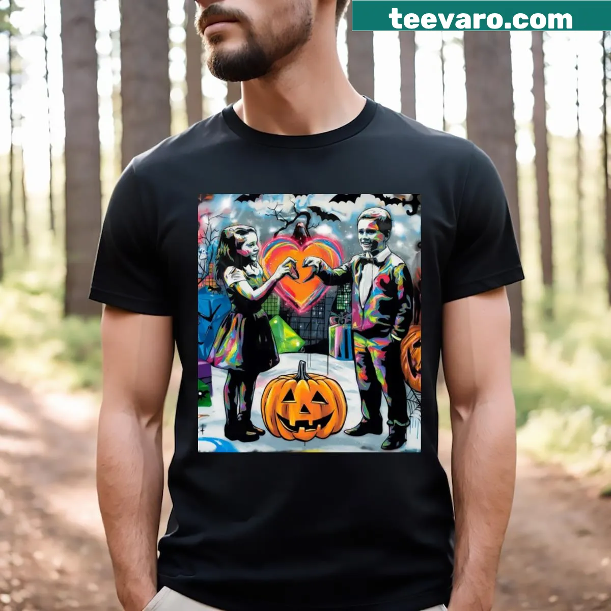 Typographic design featuring a Halloween pledge — on a men's t-shirt