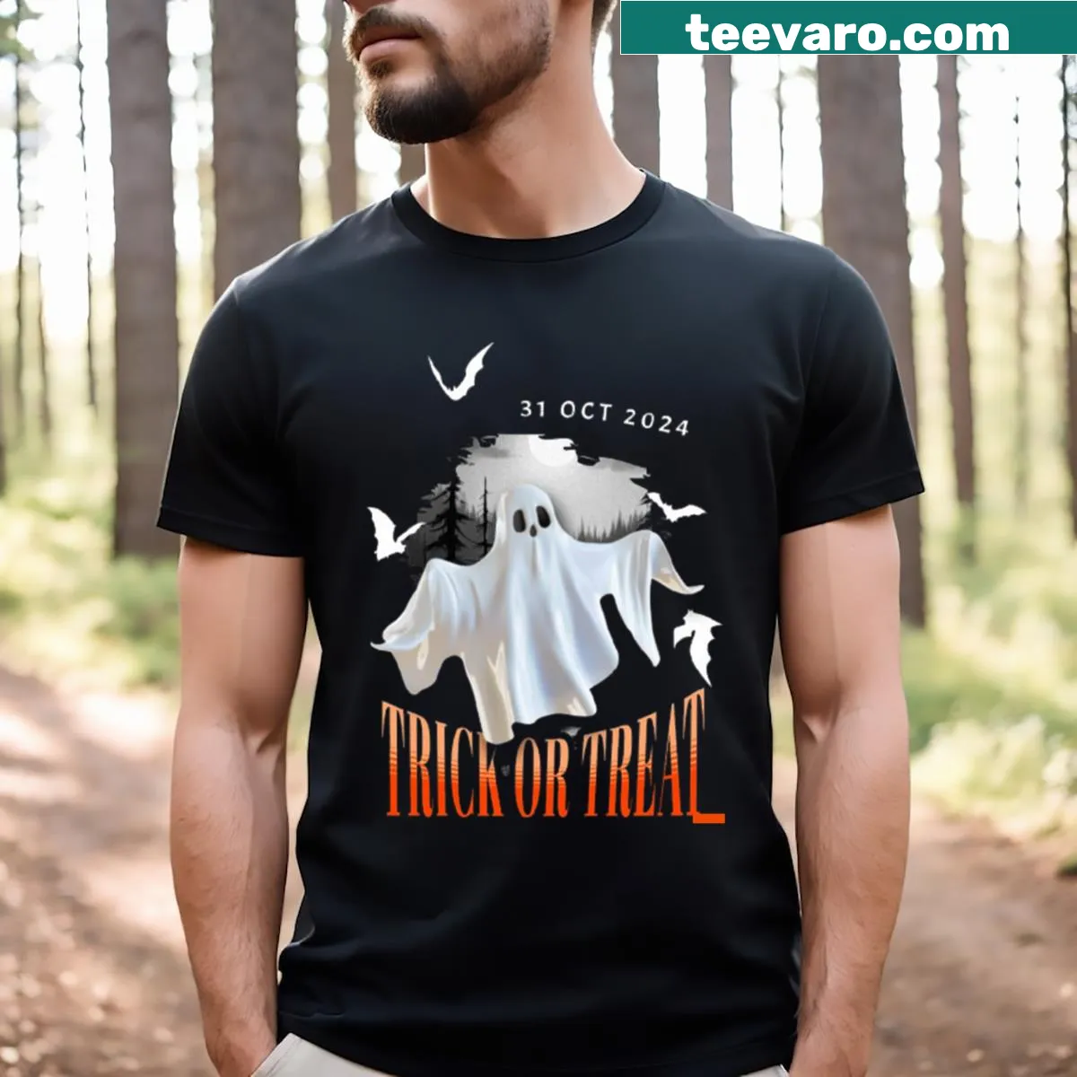 Halloween t-shirt with 'Trick Or Treat' text graphic — on a men's t-shirt