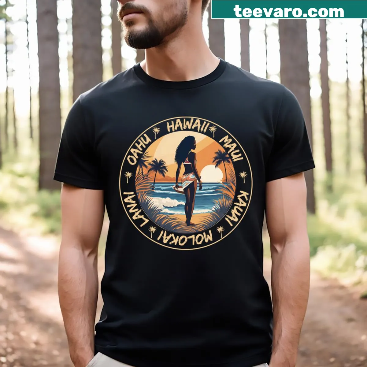 Cute T-shirt featuring a surfer girl at sunset with palm trees — on a men's t-shirt