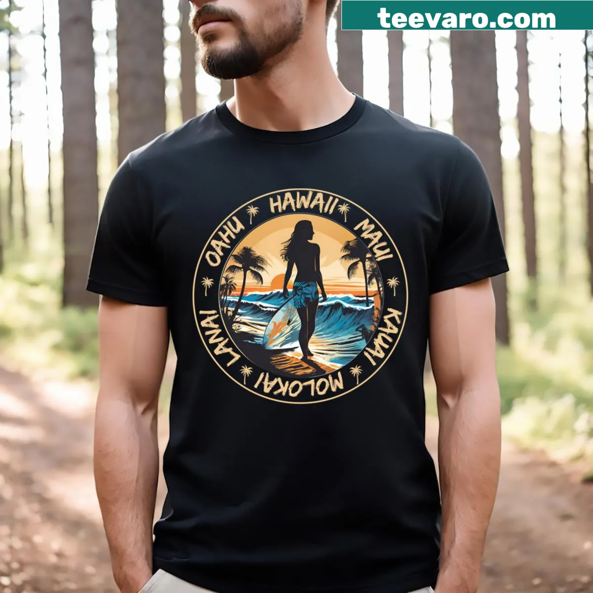 T-shirt featuring a surfer girl staring at a sunset with palm trees — on a men's t-shirt