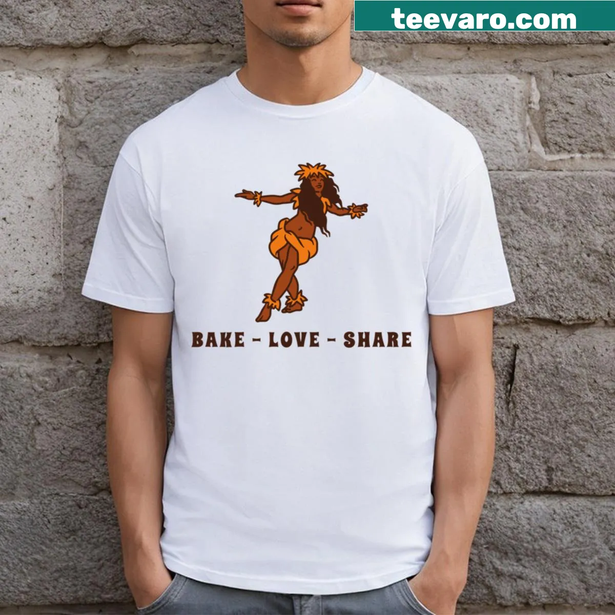 Hula dancer with baking elements and text about love and sharing — on a men's t-shirt