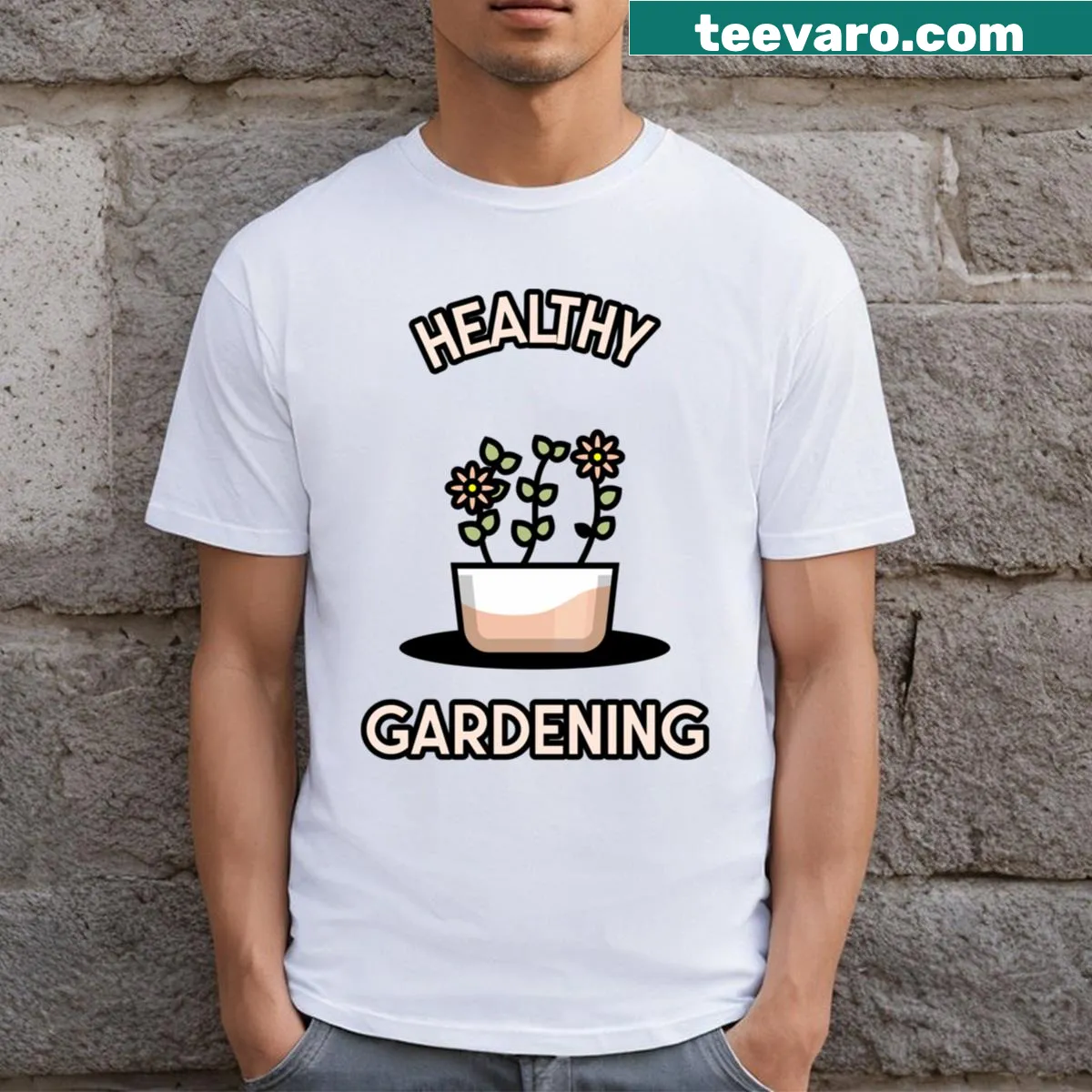 Charming gardening themed shirt with tools and plants graphic. — on a men's t-shirt