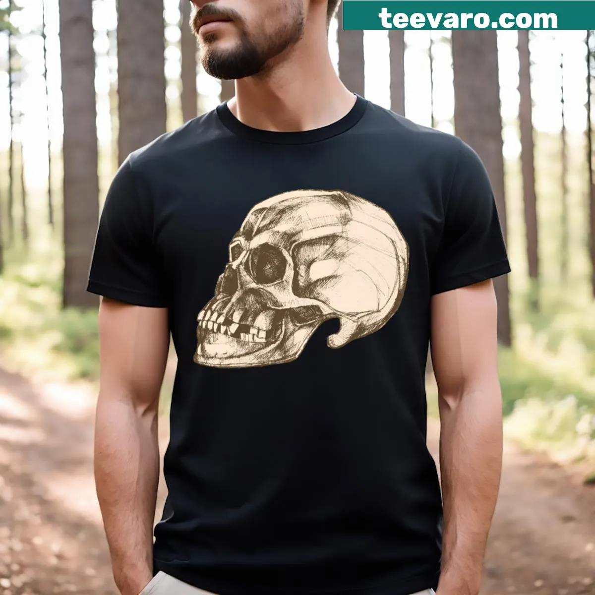 T-shirt featuring a detailed pen drawing of a human skull — on a men's t-shirt
