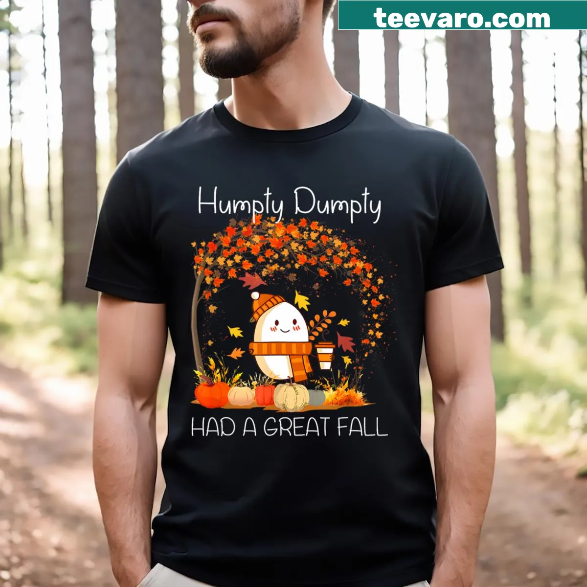 Whimsical Humpty Dumpty T-shirt celebrating autumn and Thanksgiving. — on a men's t-shirt