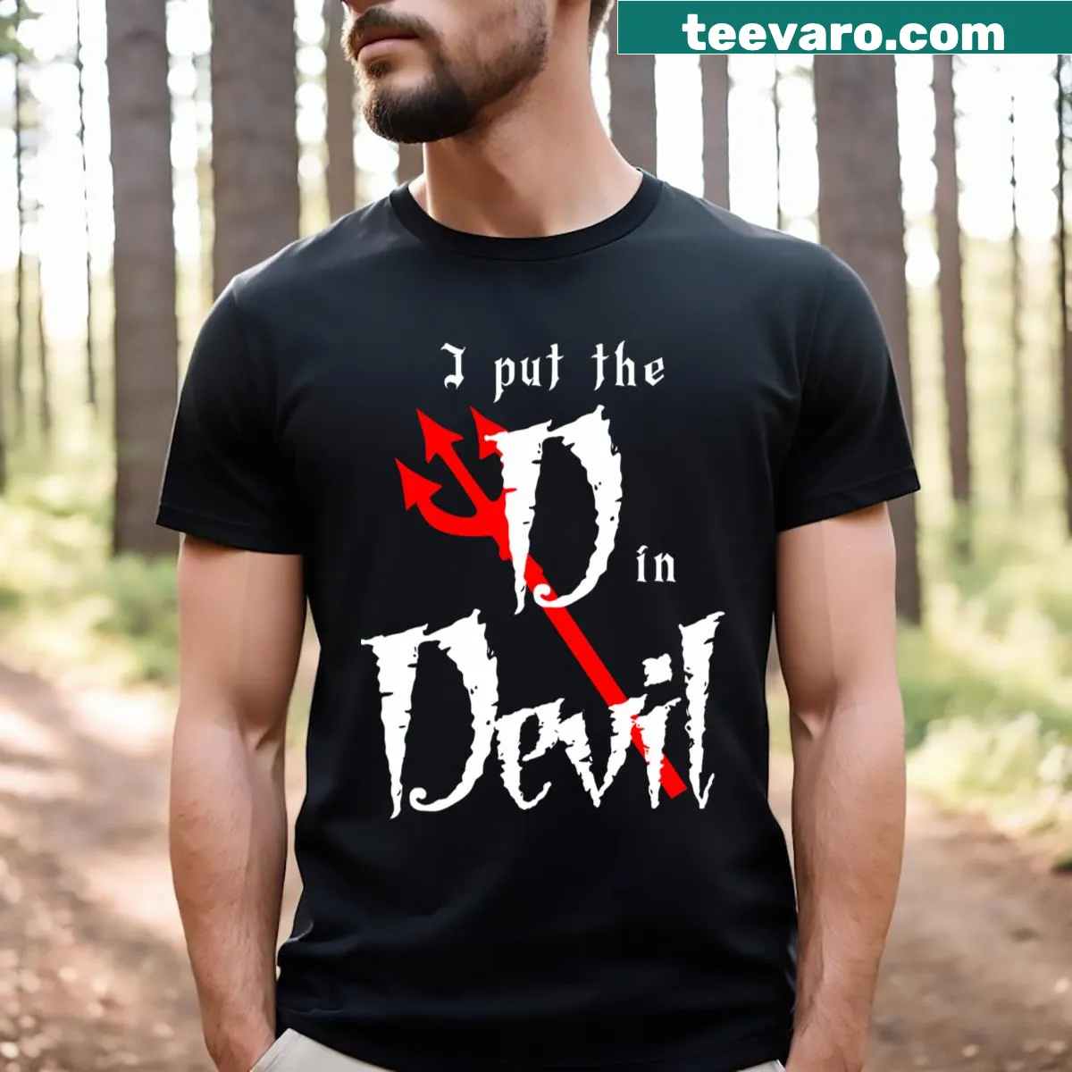 Matching couple t-shirt for Halloween with the phrase 'I Put D In Devil' in bold text — on a men's t-shirt