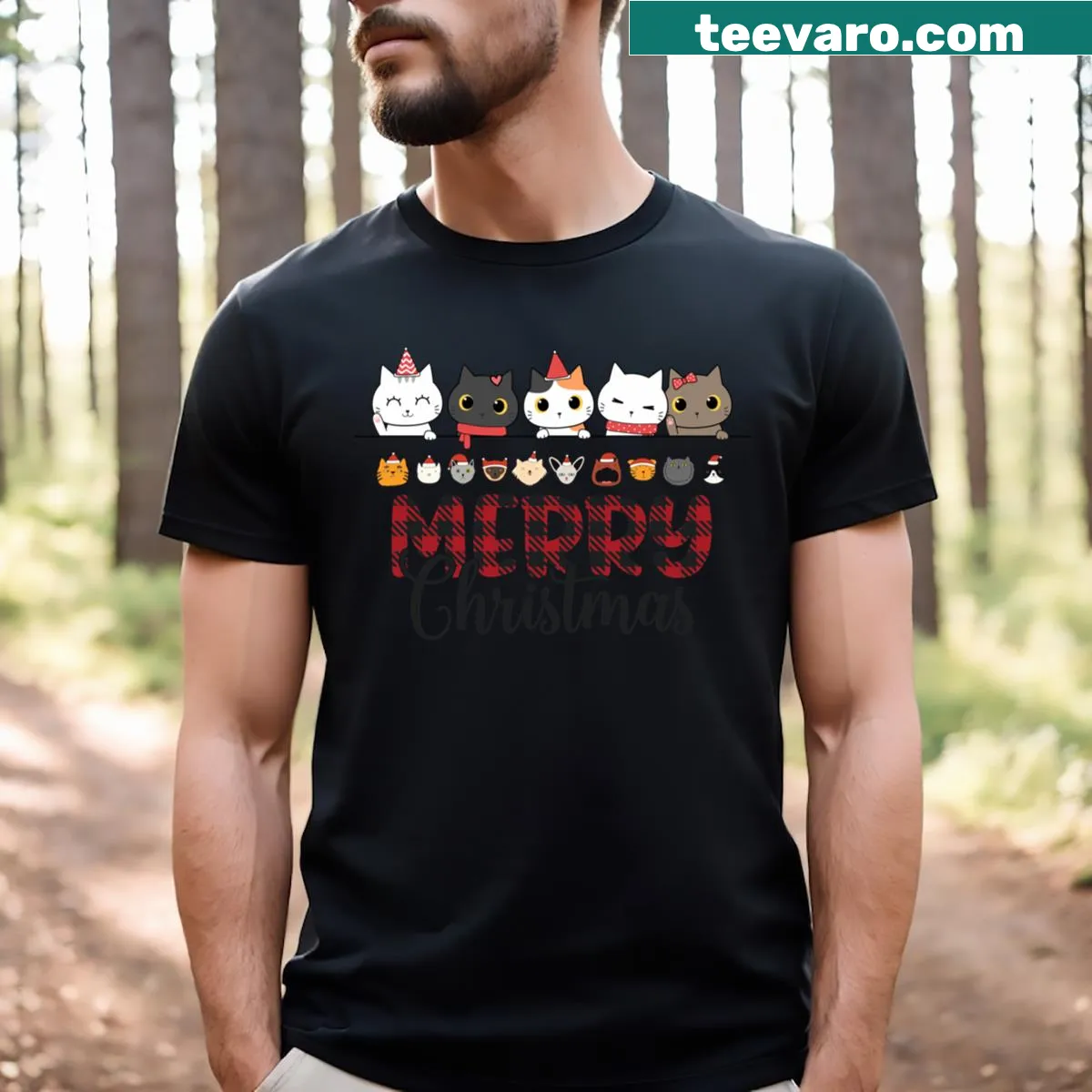 Festive t-shirt with a cat-themed design and Christmas phrase — on a men's t-shirt