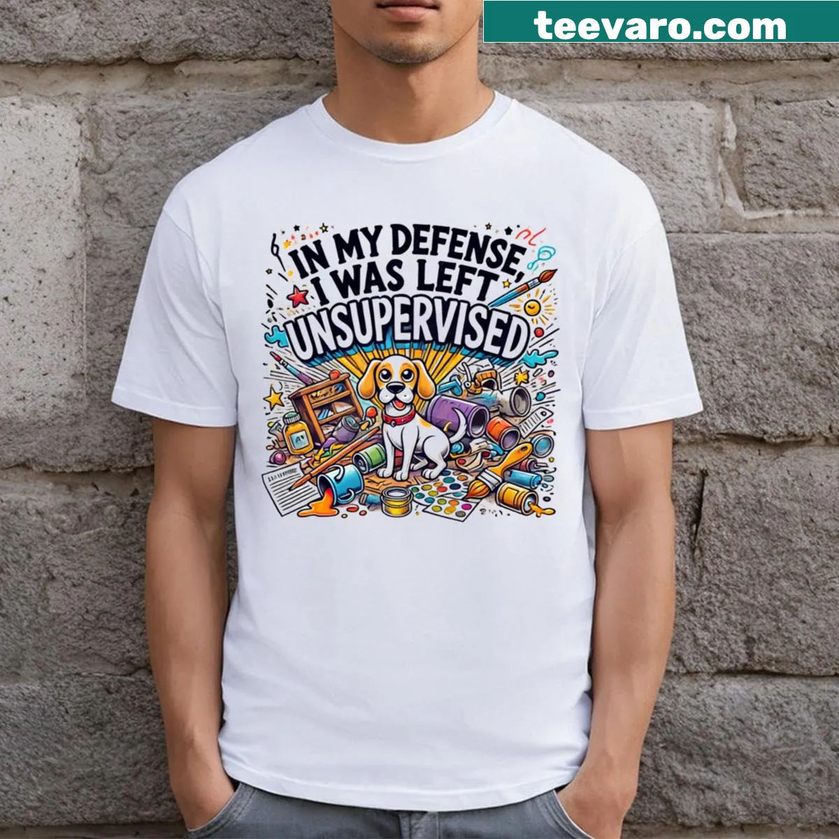 Funny dog-themed t-shirt with humorous text — on a men's t-shirt
