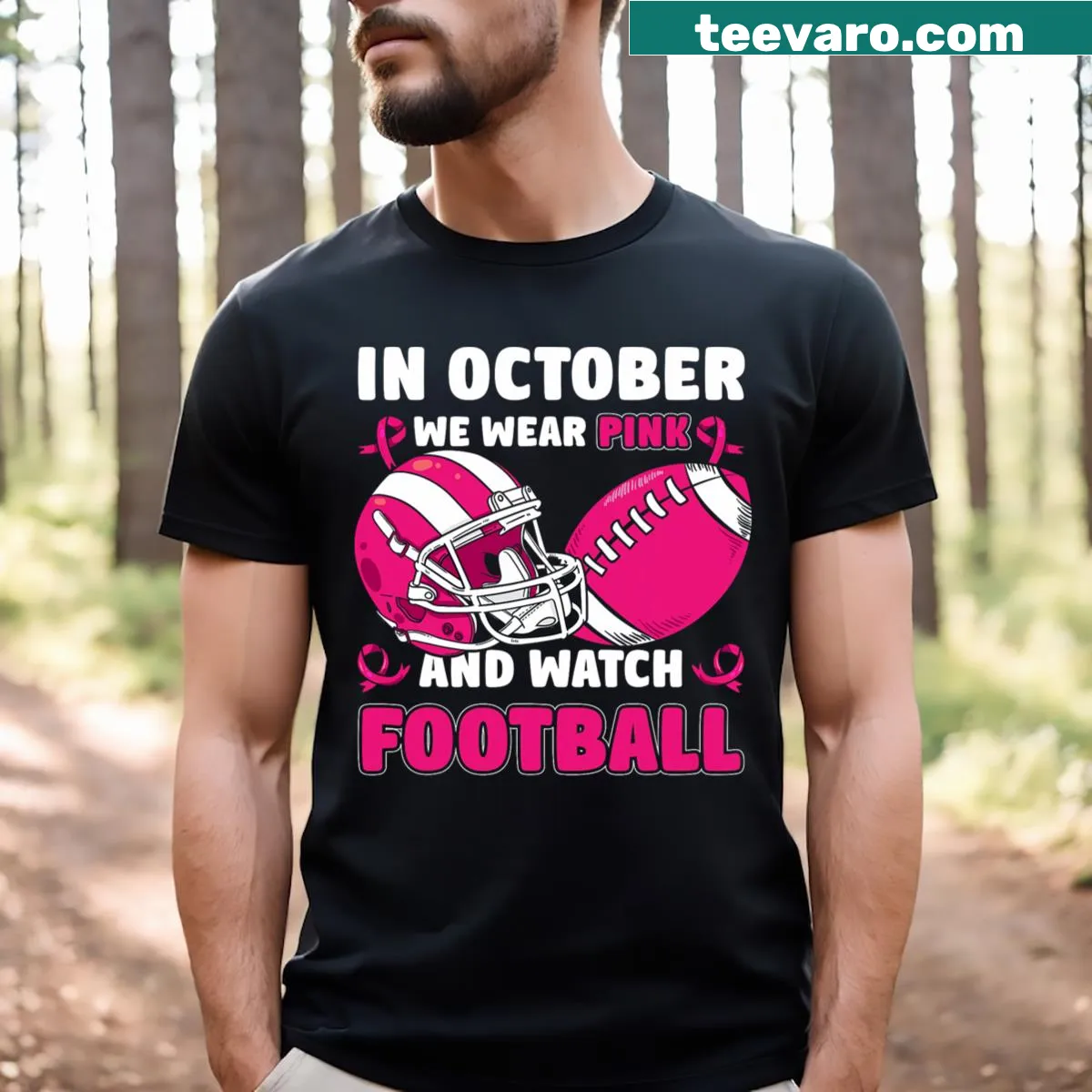 Breast cancer awareness t-shirt with a football theme — on a men's t-shirt