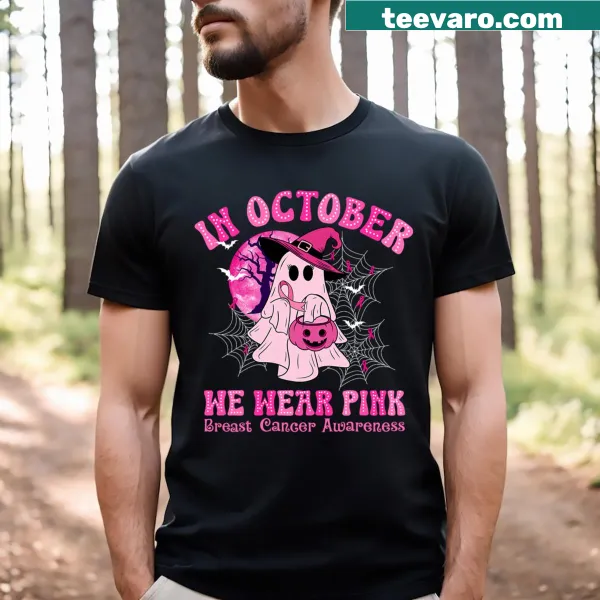 Illustrative design of a pink ghost witch for breast cancer awareness.