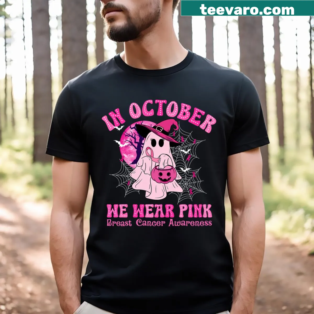 Illustrative design of a pink ghost witch for breast cancer awareness. — on a men's t-shirt