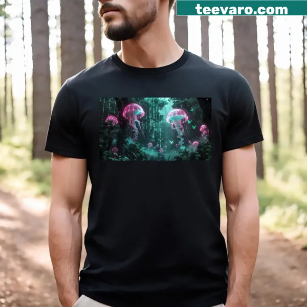 Whimsical t-shirt featuring jellyfish, submarines, and butterflies