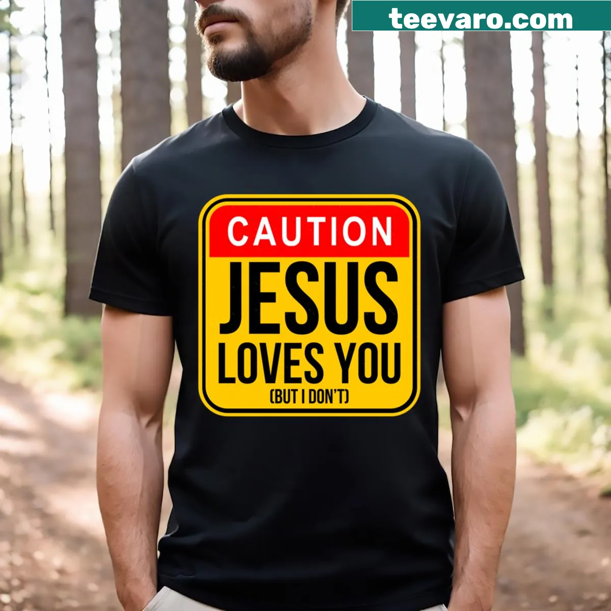 Caution sign design with provocative text about faith on a t-shirt — on a men's t-shirt