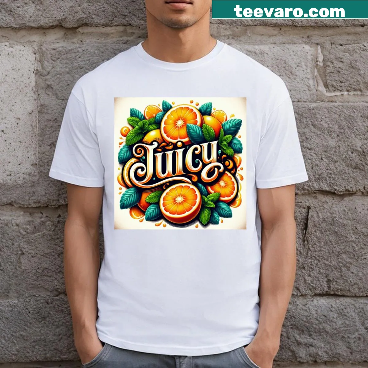 T-shirt featuring Juicy Fruit orange logo in a fun design — on a men's t-shirt