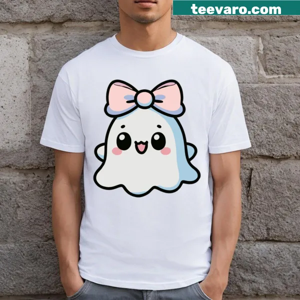 Kawaii ghost t-shirt with a cute design and pink bow