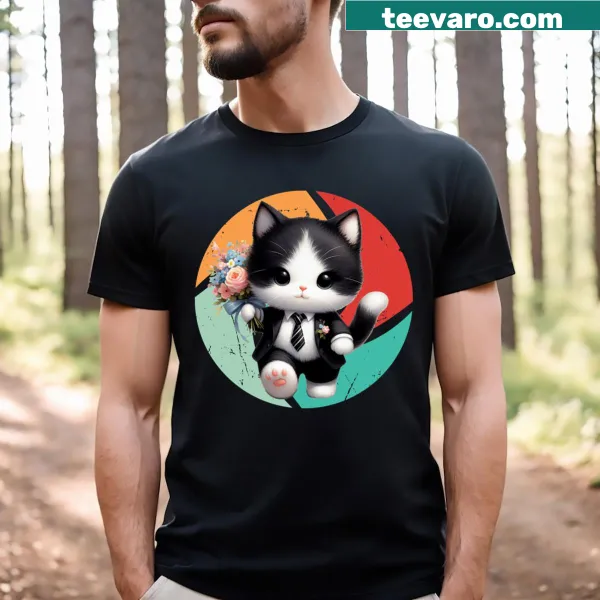 Illustration of a cat surrounded by flowers on a t-shirt
