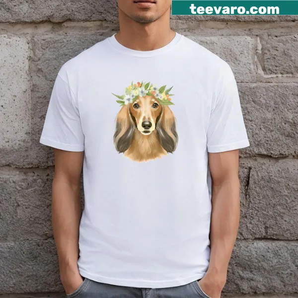 Watercolor T-shirt depicting a long haired dachshund with a flower crown