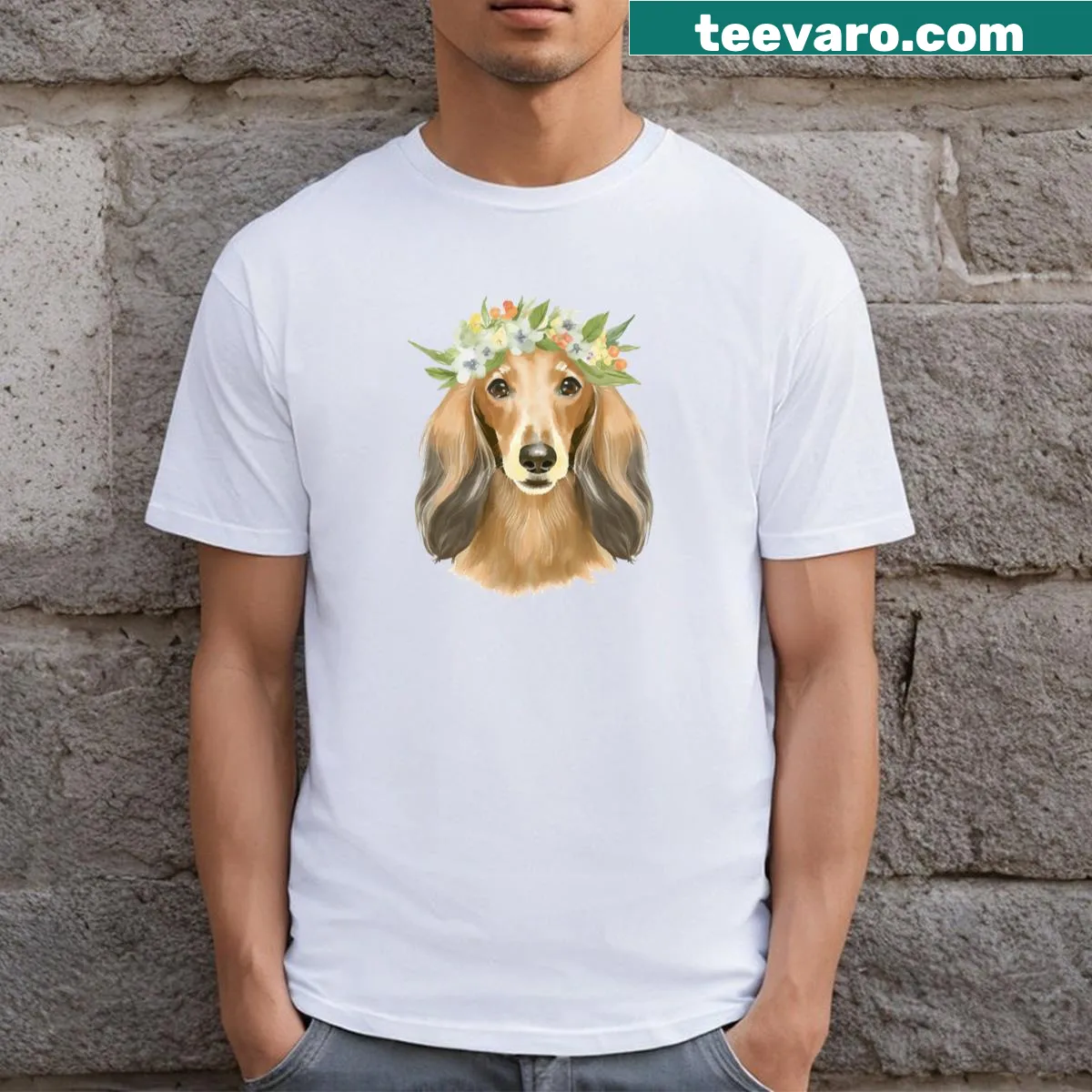 Watercolor T-shirt depicting a long haired dachshund with a flower crown — on a men's t-shirt