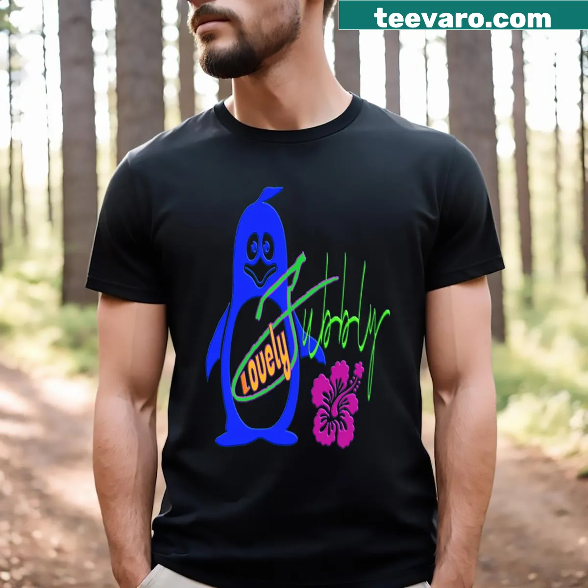 Cute T-shirt featuring a penguin with hibiscus flowers and a guitar — on a men's t-shirt