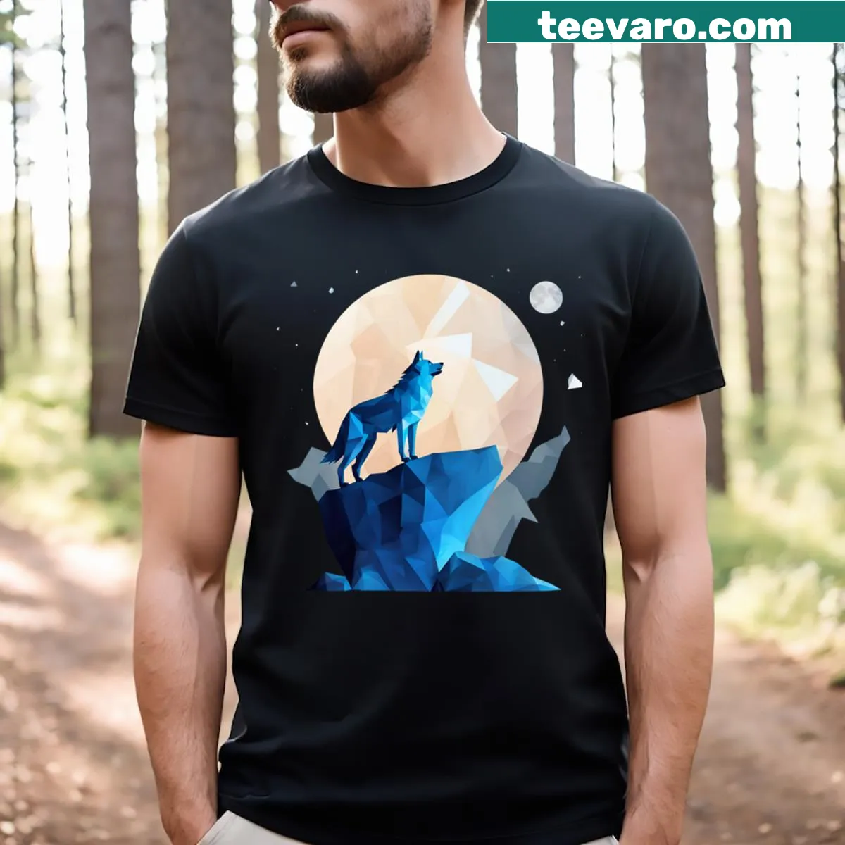 Low poly graphic of a wolf howling at the moon for Halloween — on a men's t-shirt